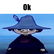 a cartoon character wearing a blue hat with the word ok below it