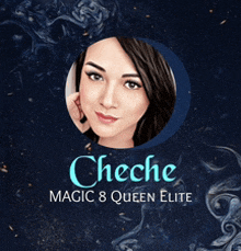 a poster for cheche magic 8 queen elite with a picture of a woman in a circle