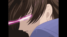 a close up of a person 's eyes with a purple light coming out of them