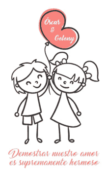 a drawing of a boy and a girl holding a heart shaped balloon with the name oscar and celeny on it