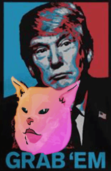 a painting of donald trump with a cat on his shoulder and the words grab em