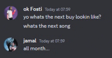 a screenshot of a conversation between two people asking about the next song