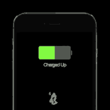 a black cell phone with a green and gray battery that says charged up