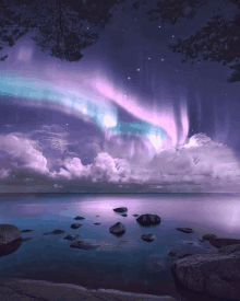 a painting of the aurora borealis over a lake