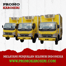 three yellow trucks are lined up in a row with the website promo karoseri.com