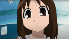 a close up of a anime girl 's face with big eyes and brown hair