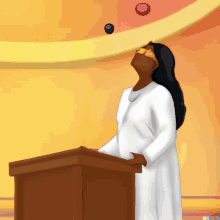 a woman in a white dress stands at a podium looking up at the sky