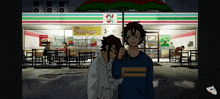 two cartoon characters standing in front of a 7 eleven