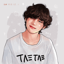 a drawing of a young man with the word taetae on his shirt