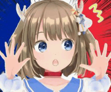 a close up of a cute anime girl with a surprised look on her face and her hands up .