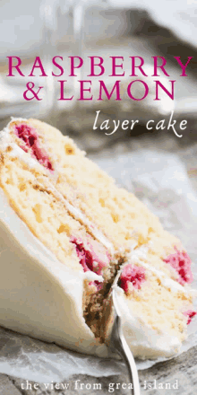 a slice of raspberry lemon layer cake with a fork in it