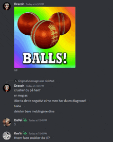 a screenshot of a discord conversation between dracoh and kevin with a picture of balls