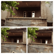 four pictures of a building with a balcony and a tree in the foreground