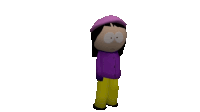 a cartoon character with a purple jacket and yellow pants