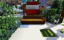 a minecraft scene with a wooden couch and a red white and blue flag