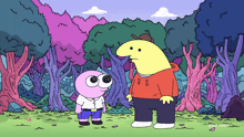 two cartoon characters standing next to each other in a forest with the letters t and g on their shirts