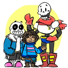 a drawing of sans papyrus and frisk with a yellow background