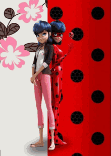 ladybug and marinette standing next to each other on a red background