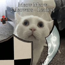 a white cat standing next to a shield with the words meow meow meower 's - leader written on it