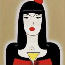 a drawing of a woman with a martini glass in front of her