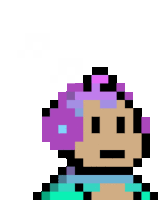 a pixel art of a person with purple hair and headphones on their head .