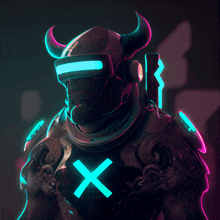 a futuristic robot with horns and headphones has a blue x on his chest