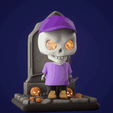 a skeleton wearing a purple shirt and a purple hat is standing in front of a grave