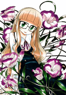 a girl with glasses is surrounded by purple flowers