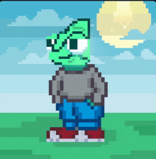 a pixel art of a person with a green face