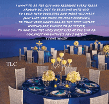 a valentine 's day greeting from tlc with a picture of a wedding reception