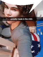 a young man taking a selfie with a speech bubble that says " proudly made in the usa "