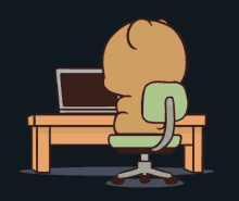 a cartoon character is sitting at a desk with a laptop