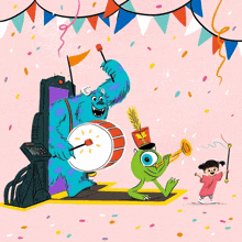 a cartoon illustration of sulley mike and boo playing instruments