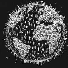 a black and white drawing of a globe with a lot of people on it