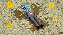 a man in a suit is laying in a pile of money with a smiley face on his head