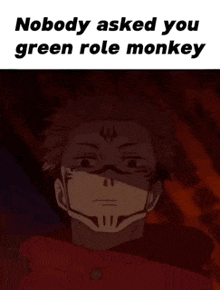 a man with a mask on his face and the words nobody asked you green role monkey