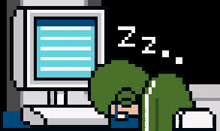 a pixel art of a person sleeping in front of a computer monitor