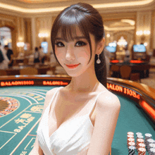 a woman in a white dress stands in front of a roulette table that says ballon 1108 on it