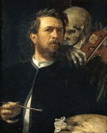 a painting of a man holding a brush and a violin with a skeleton in the background .