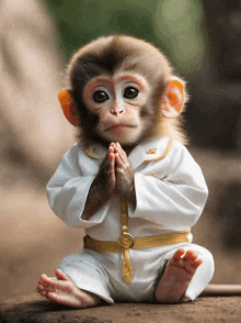 a baby monkey is wearing a white robe and gold belt and praying