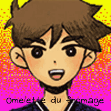 a drawing of a boy with a choker on his neck and the words omelette du fromage below him .