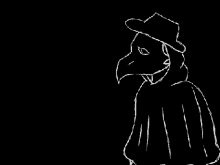 a black and white drawing of a plague doctor wearing a hat and cape .