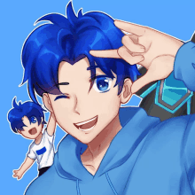 a boy with blue hair is making a peace sign with his hand