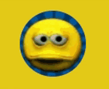 a yellow smiley face with big eyes is in a blue circle