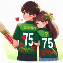 a boy and a girl are standing next to each other and the girl is wearing a shirt with the number 75 on it