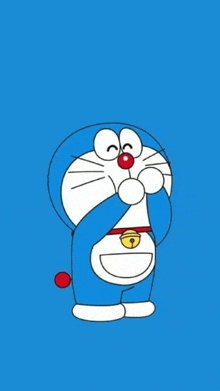 doraemon is a cartoon character that is standing on a blue background and covering his face with his hands .