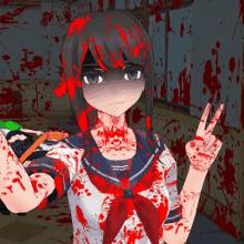 a bloody anime girl giving the peace sign