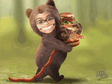 a picture of a bear holding a hamburger and donuts with a caption that says jib jab