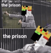 a meme of a man in a suit talking into a microphone with a minecraft character on his head saying the prison