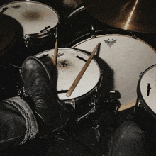 a drum set with a remo drum head and a pair of drumsticks